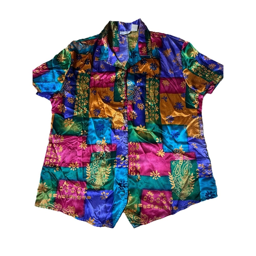 Kathryn Vintage Satin Patchwork Button Up‎ Shirt Multicolor Paisley Boho Sz M